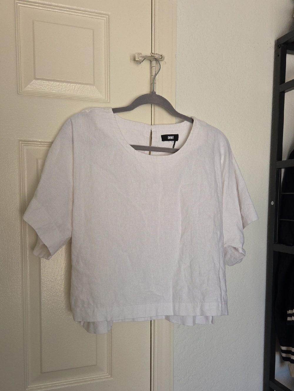DKNY White Linen Blend Boxy Short-Sleeve Cropped Top